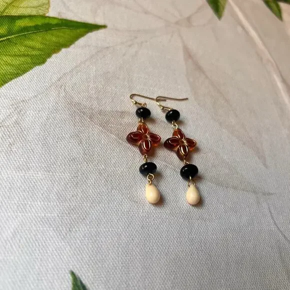 Amber Tone Cross Shape Earthy Boho Bohemian Stone Beige Western Casual Earrings - Picture 6 of 7